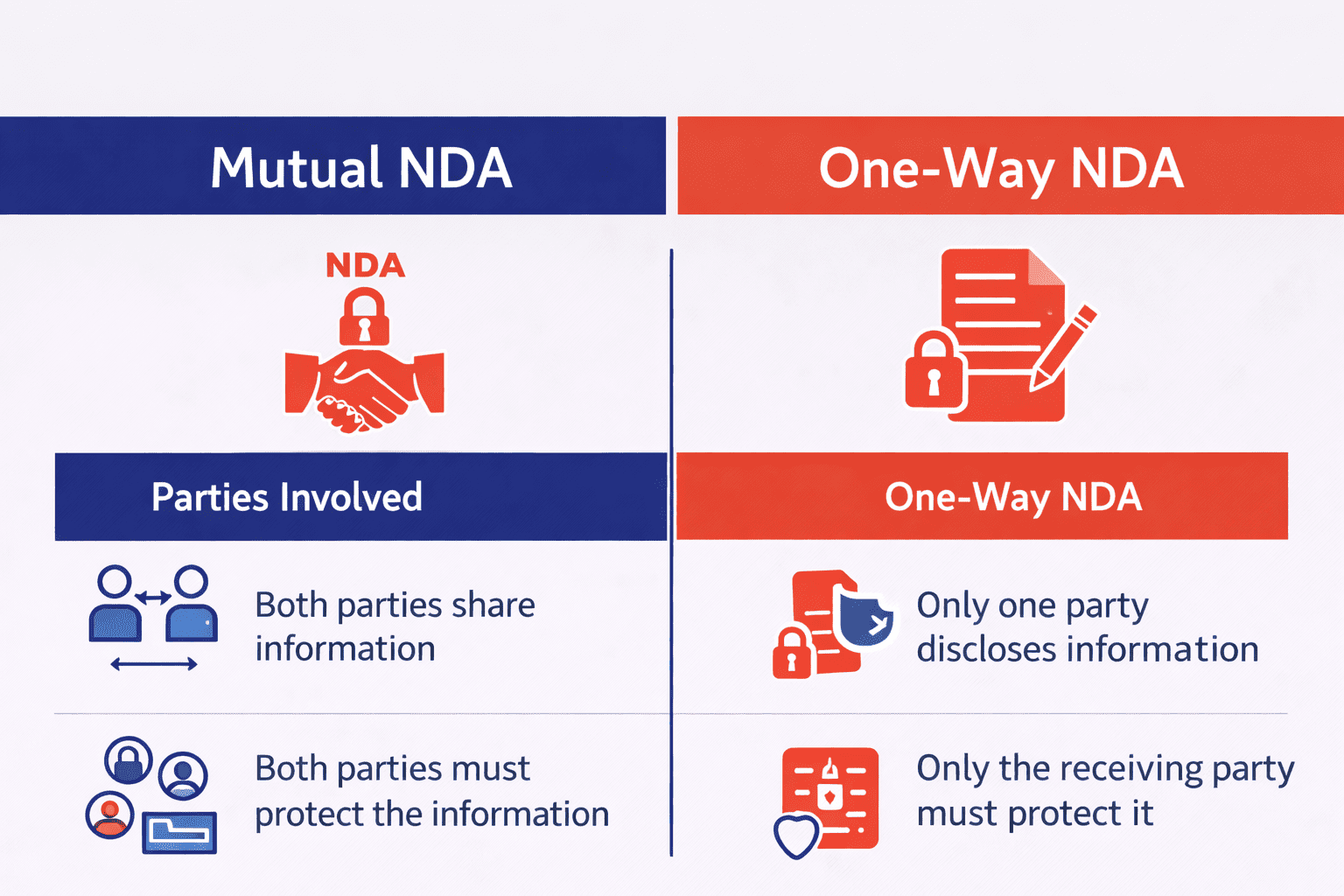 Mutual vs one-way NDA comparison — one-way protects one-direction disclosure; mutual protects two-way exchange