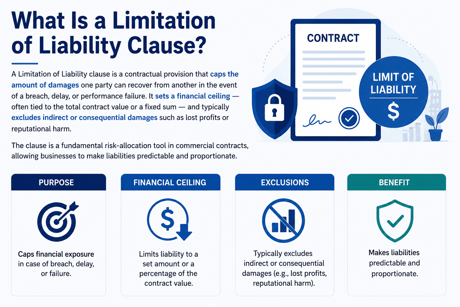 Limitation of Liability clause definition and key components: liability cap, waiver of consequential damages, and carve-outs