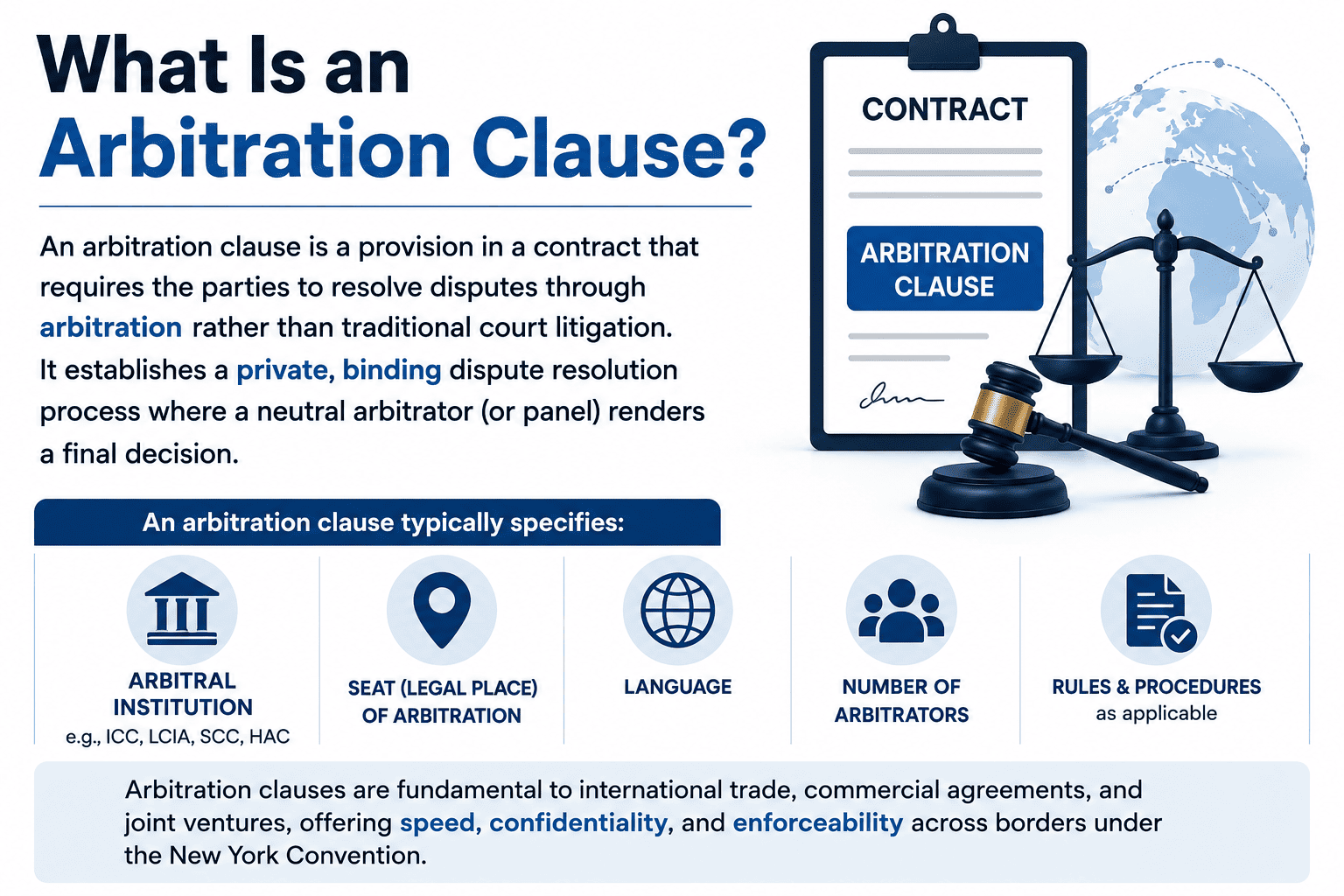 Arbitration clause definition: contract provision requiring dispute resolution through arbitration instead of litigation