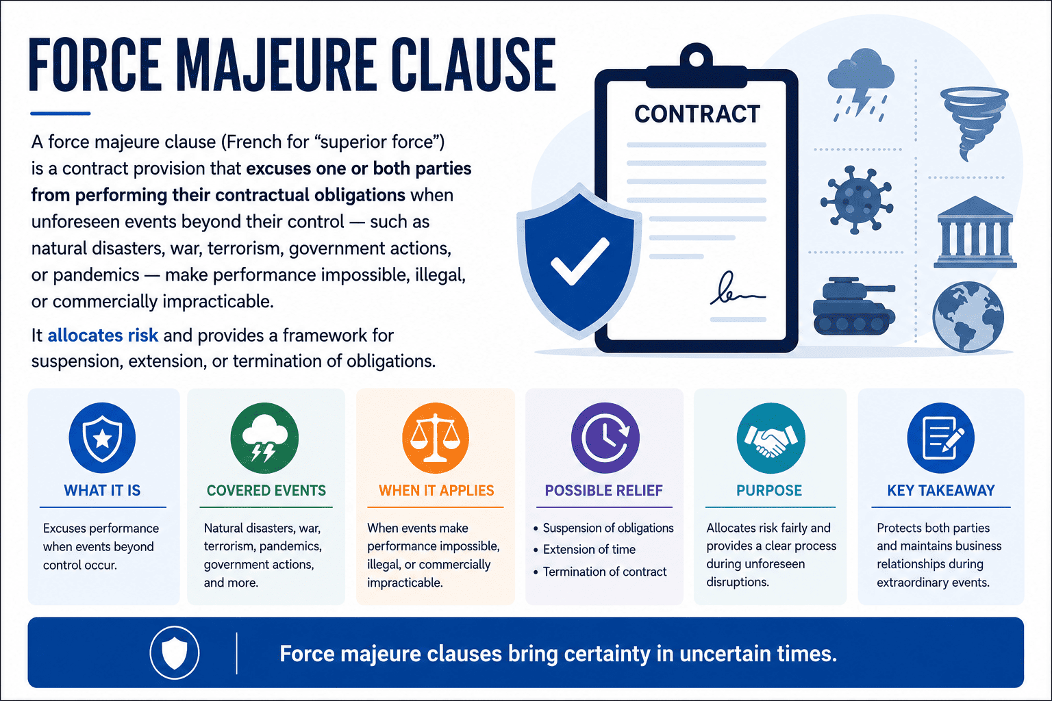 Force majeure clause diagram showing qualifying events: natural disasters, war, government actions, pandemics
