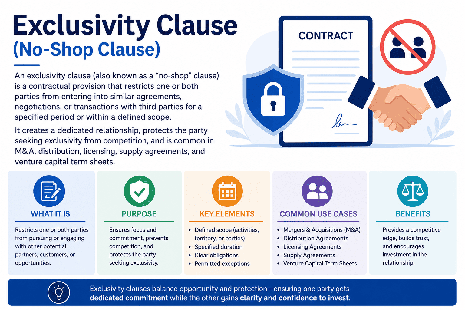 Exclusivity clause diagram showing no-shop restrictions, duration, scope, and carve-outs in commercial contracts