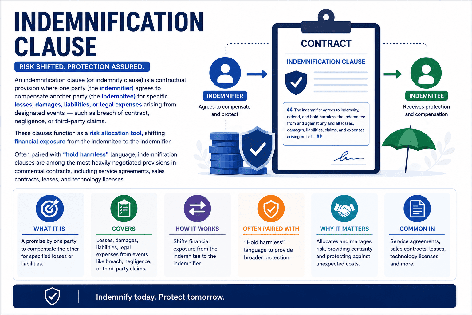 Indemnification clause contract example showing indemnifier and indemnified party risk transfer