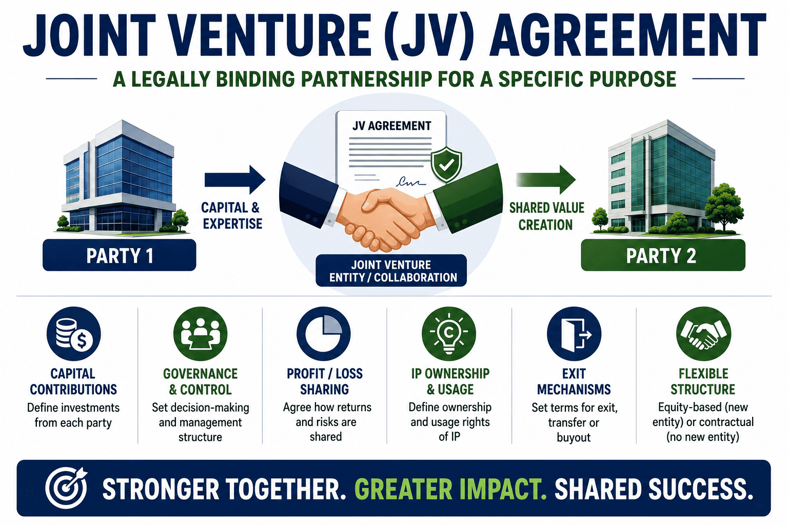 Joint venture agreement framework: equity JV, contractual JV, governance, profit sharing, and key clauses for international collaboration