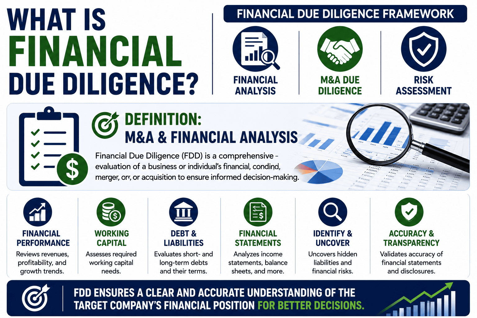 Financial Due Diligence framework: financial analysis, M&A due diligence, risk assessment