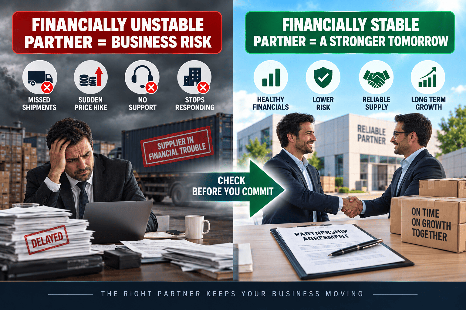 Financial statements, ratios, and due diligence documents used to evaluate a business partner's financial stability