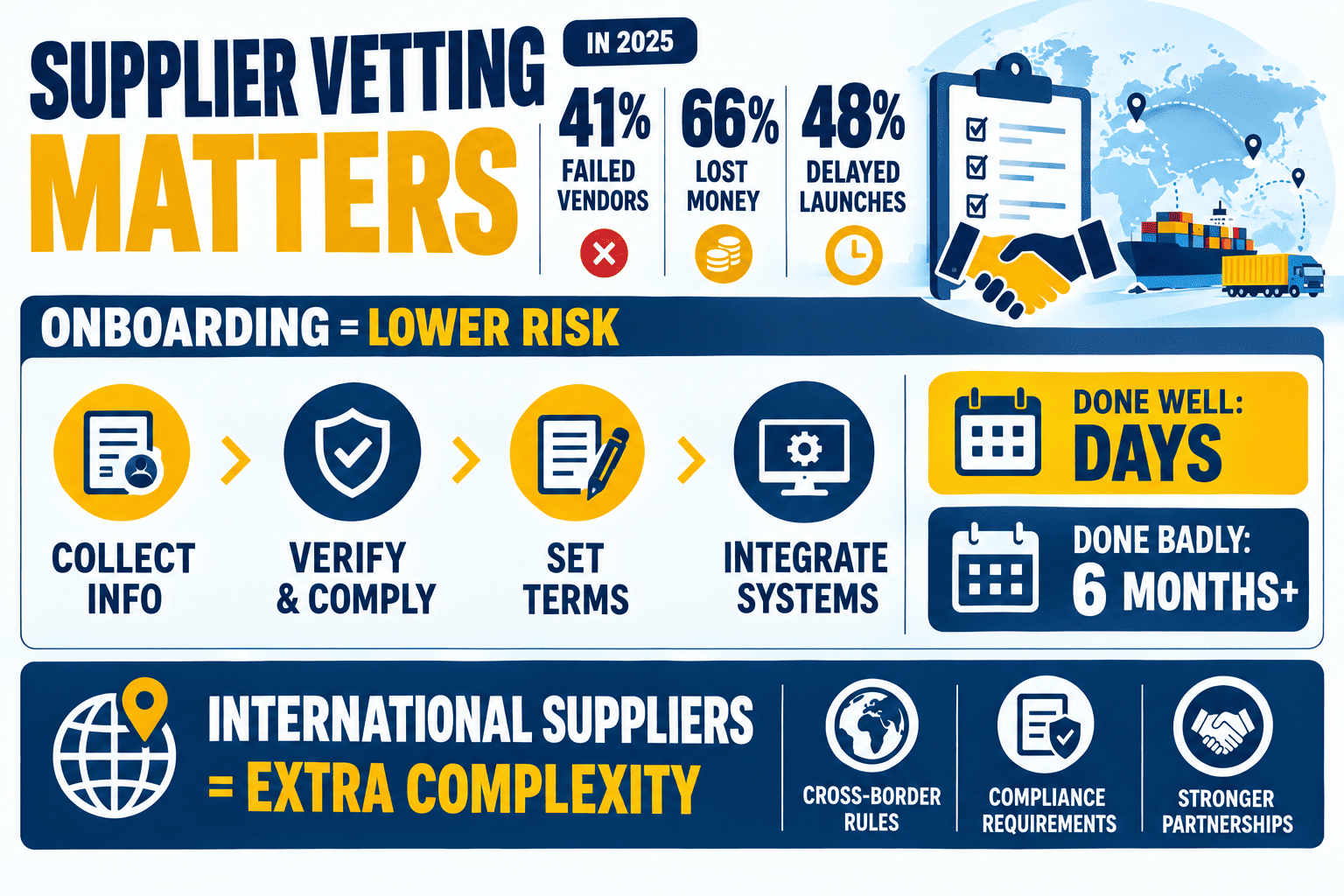 International supplier onboarding process covering documentation, due diligence, contracting and systems integration