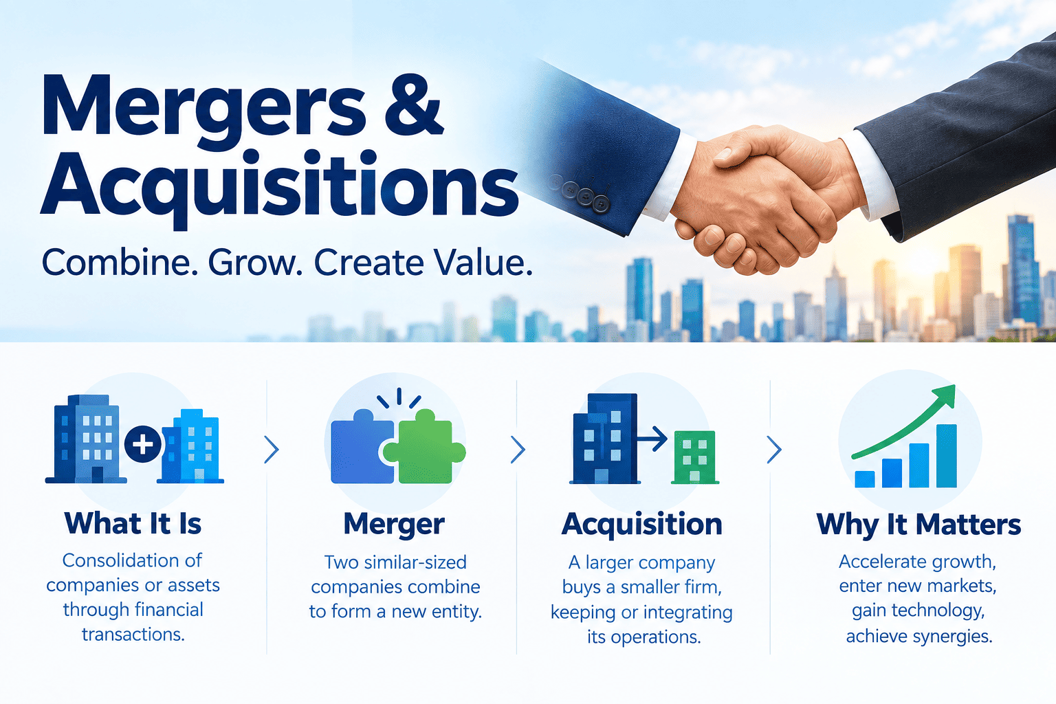 Mergers and Acquisitions framework: deal types, process steps, valuation methods, and integration challenges