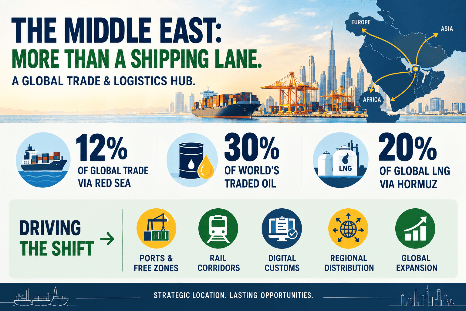 Middle East trade hub, Gulf ports, free zones and global supply chain routes