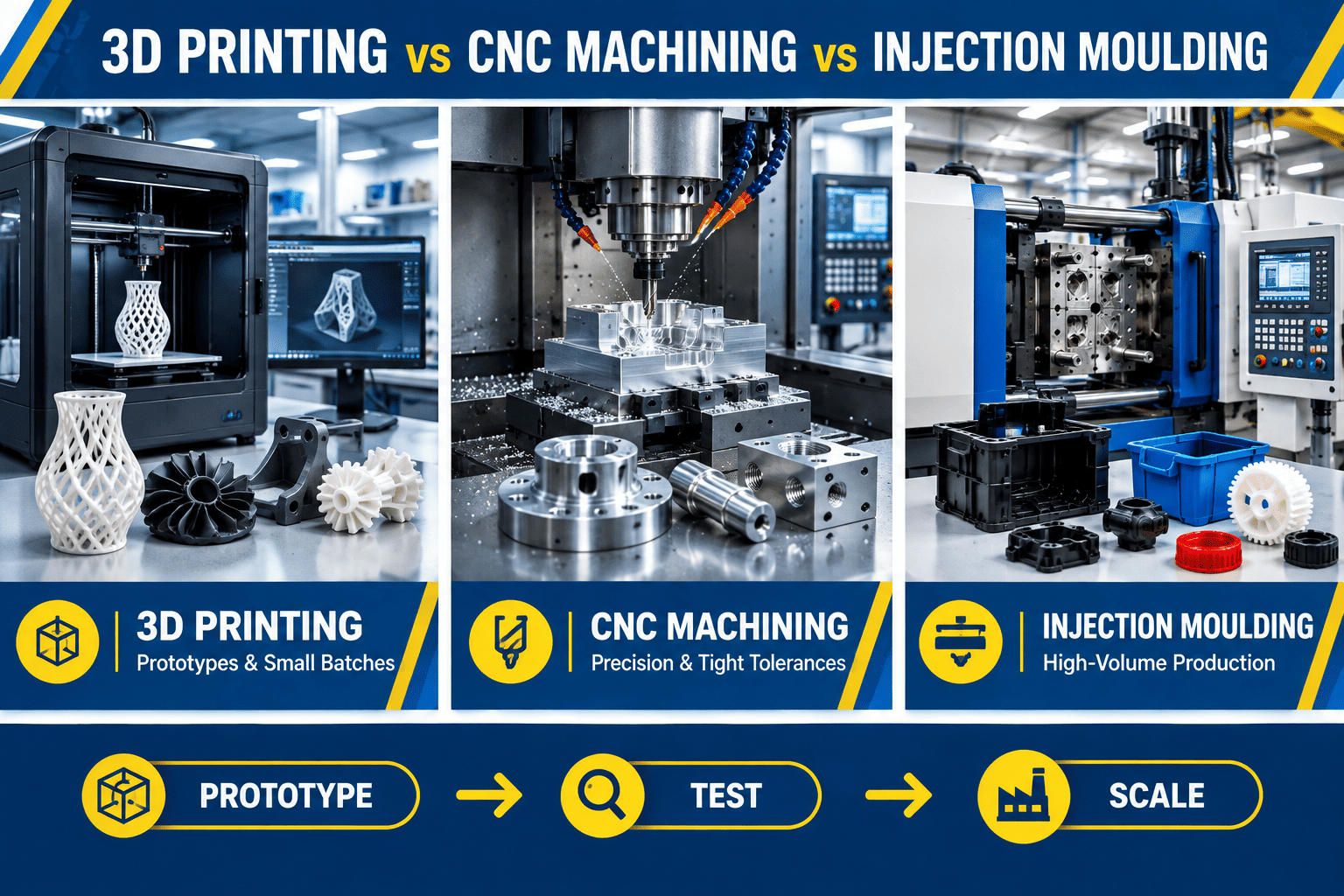 CNC machining vs injection moulding vs 3D printing: volume, cost, precision, materials and lead time compared