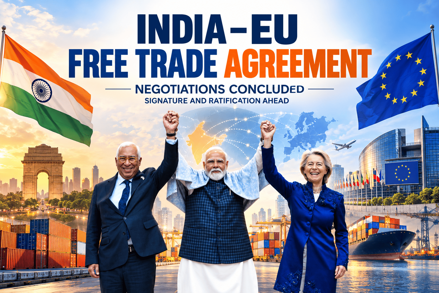 India and European Union flags representing the India-EU Free Trade Agreement concluded January 2026