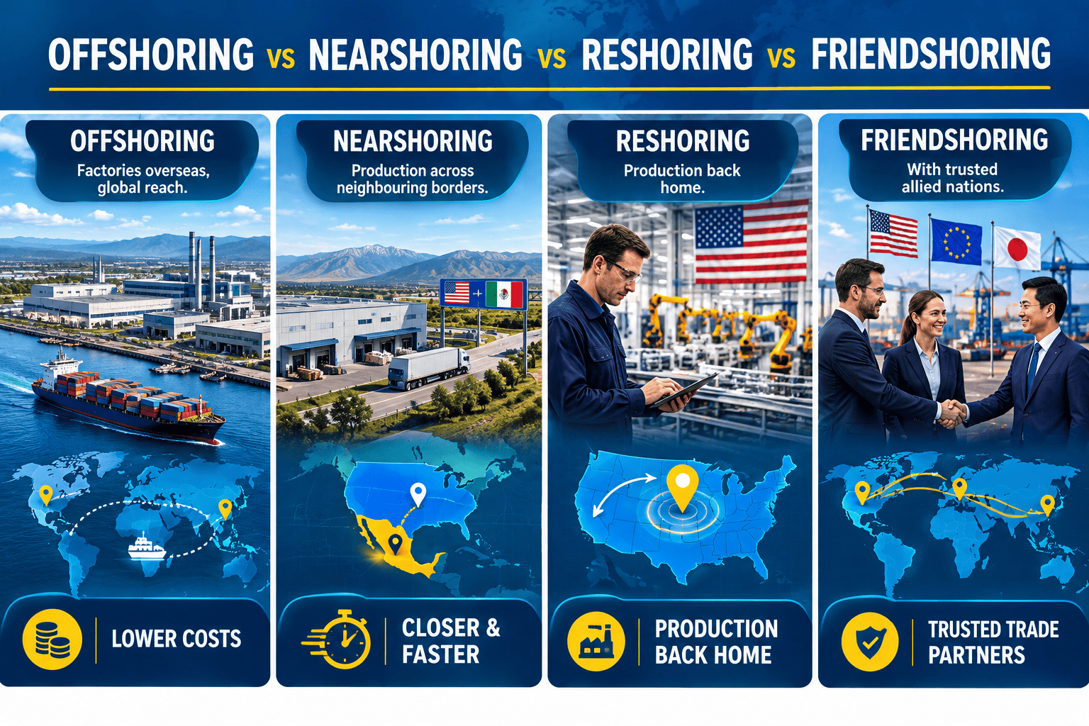 Nearshoring vs offshoring vs reshoring compared: location, cost, control and risk for manufacturers