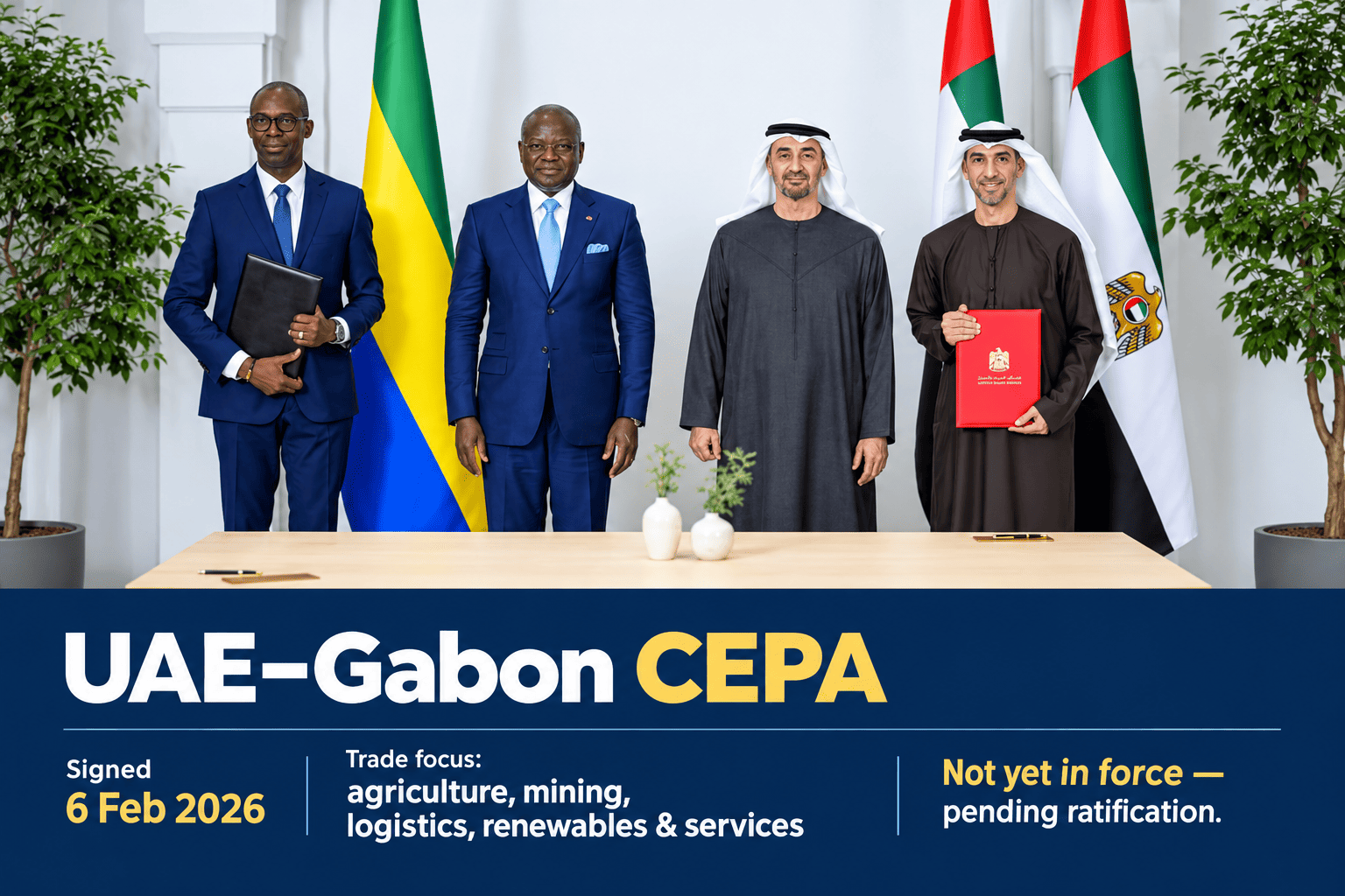 UAE and Gabon flags representing the Comprehensive Economic Partnership Agreement signed in Abu Dhabi