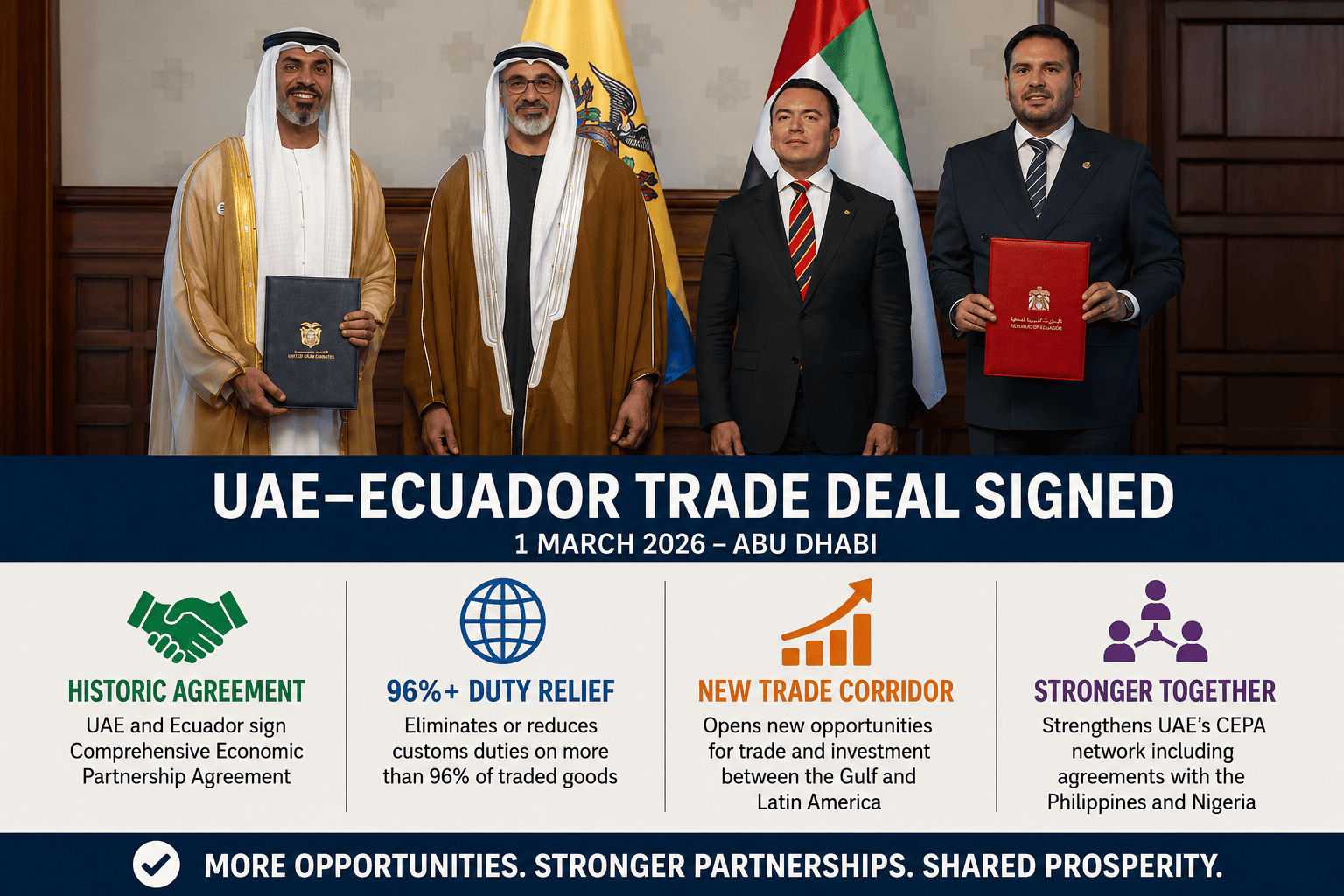 UAE–Ecuador CEPA: Comprehensive Economic Partnership Agreement signed 1 March 2026, tariffs on 96% of traded goods eliminated or reduced