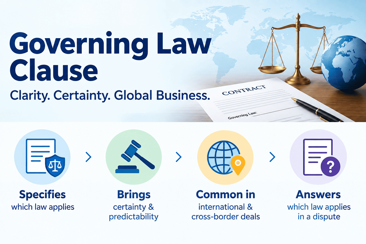 Governing law clause diagram: specifying which jurisdiction's laws apply to a contract and where disputes will be resolved